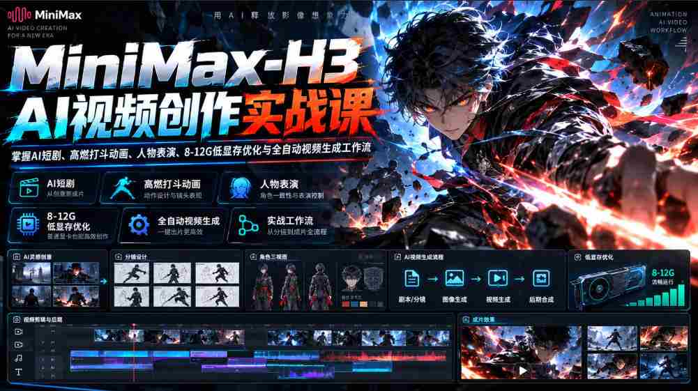 MiniMax-H3 AI视频创作实战课,掌握AI短剧、高燃打斗动画、人物表演、8-12G低显存优化与全自动视频生成工作流