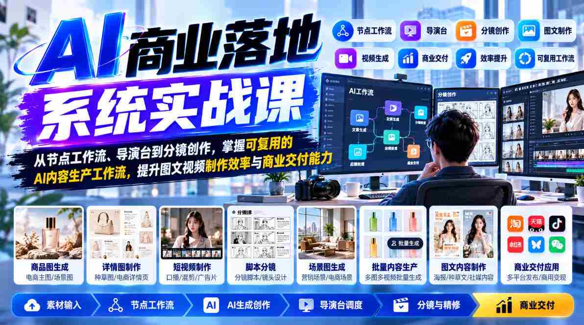 【无水印】AI商业落地系统实战课，从节点工作流、导演台到分镜创作，掌握可复用的AI内容生产工作流，提升图文视频制作效率与商业交付能力